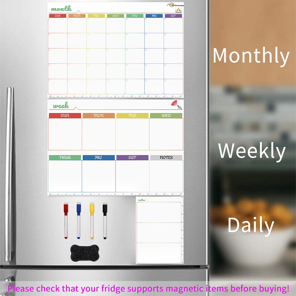 Magnetic Dry Erase Monthly Calendar Set-Magnetic White Board Weekly Planner & Grocery List Organizer for Kitchen Refrigerator