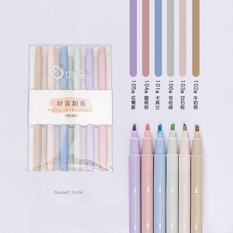 6pcs/set double-headed highlighter kawaii stationery color marker school supplies student marker textbook highlighter