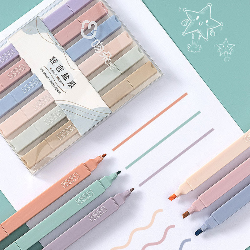 6pcs/set double-headed highlighter kawaii stationery color marker school supplies student marker textbook highlighter