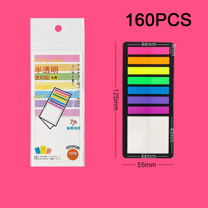 160/300Pcs Color Stickers Transparent Fluorescent Index Tabs Flags Sticky Note Stationery Children Gifts School Office Supplies