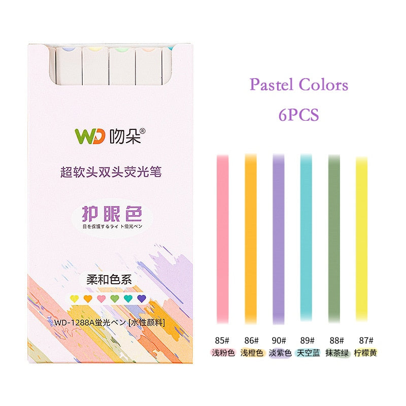6pcs/set double-headed highlighter kawaii stationery color marker school supplies student marker textbook highlighter