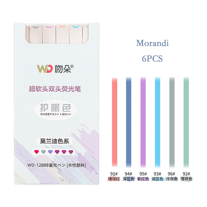 6pcs/set double-headed highlighter kawaii stationery color marker school supplies student marker textbook highlighter