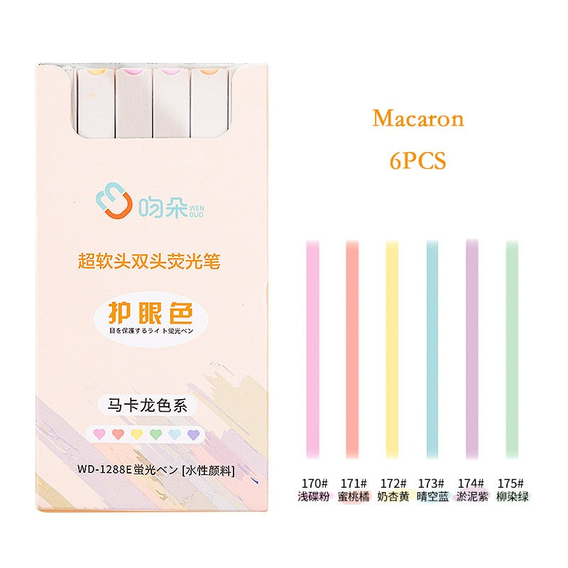 6pcs/set double-headed highlighter kawaii stationery color marker school supplies student marker textbook highlighter