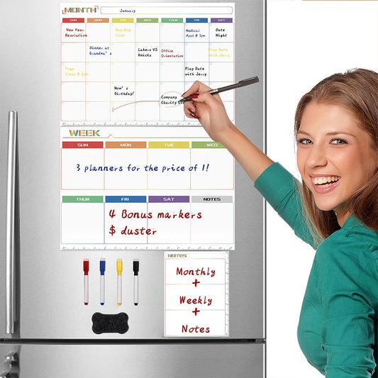 Magnetic Dry Erase Monthly Calendar Set-Magnetic White Board Weekly Planner & Grocery List Organizer for Kitchen Refrigerator