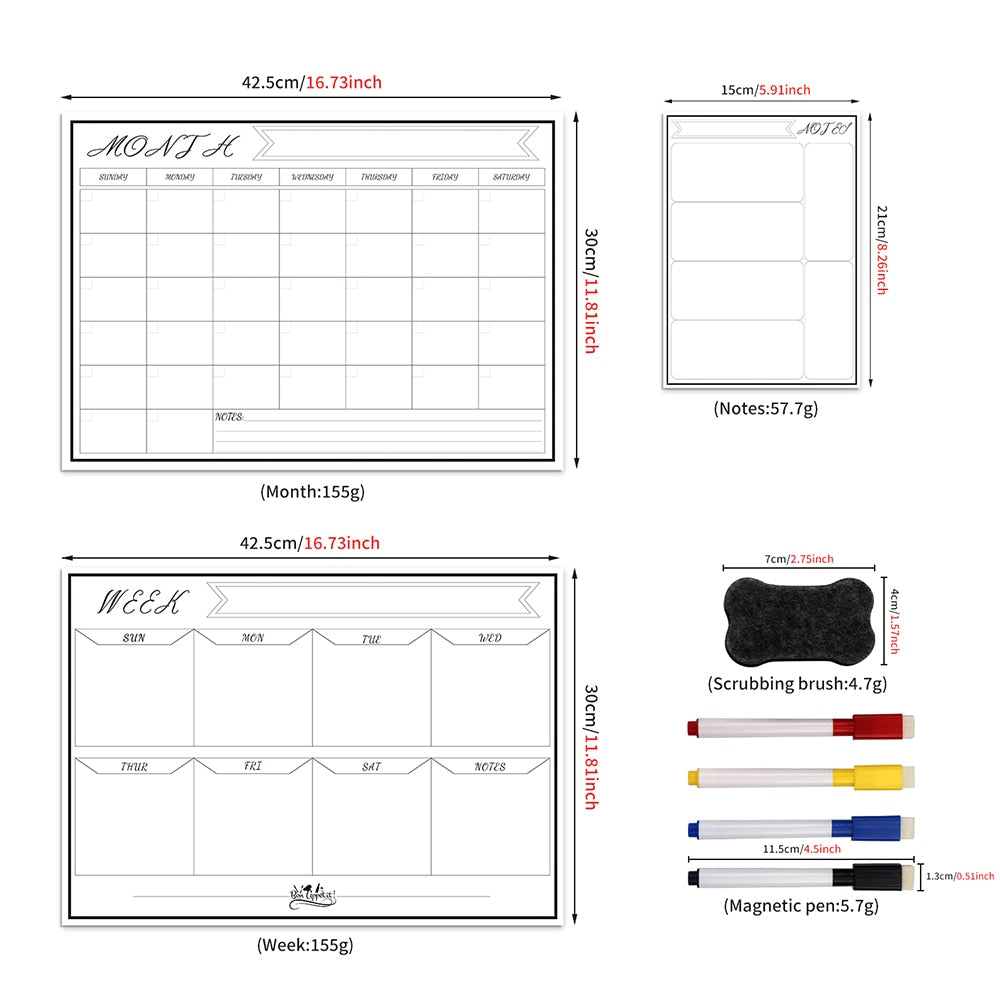 Magnetic Dry Erase Monthly Calendar Set-Magnetic White Board Weekly Planner & Grocery List Organizer for Kitchen Refrigerator