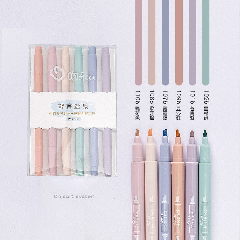6pcs/set double-headed highlighter kawaii stationery color marker school supplies student marker textbook highlighter
