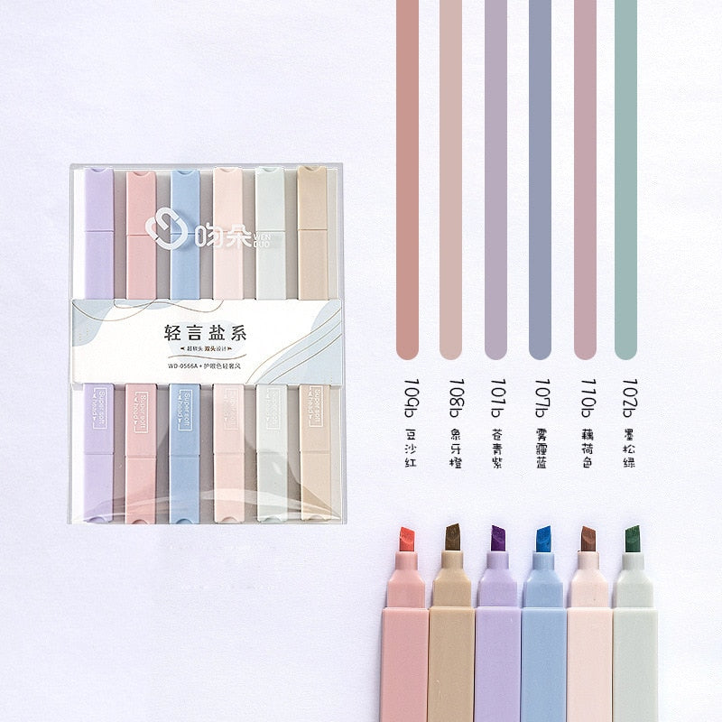 6pcs/set double-headed highlighter kawaii stationery color marker school supplies student marker textbook highlighter