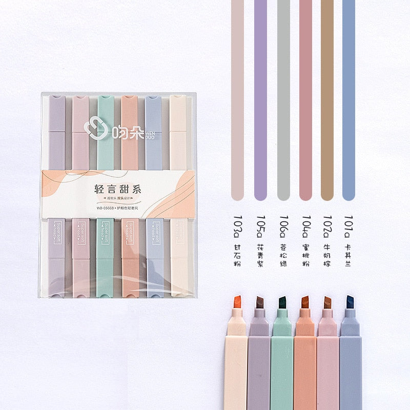 6pcs/set double-headed highlighter kawaii stationery color marker school supplies student marker textbook highlighter
